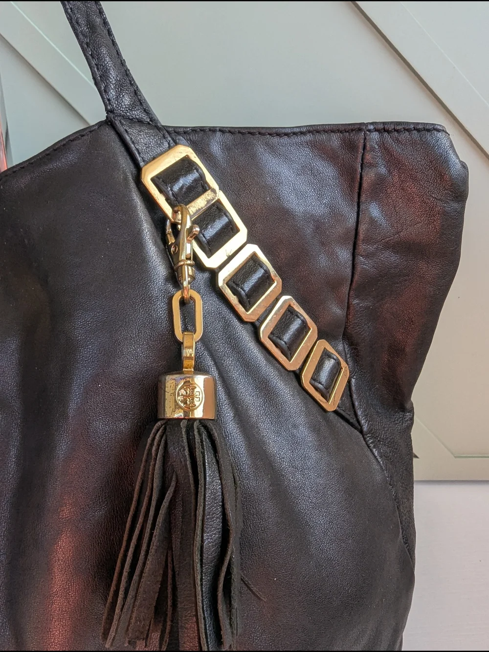 Tory Burch Black Leather Gold-Accent Tassel Tote